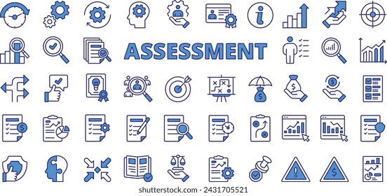 Assessment icons in line design, blue. Assessment, data, analysis, compare, plan, analysis, testing, report, management isolated on white background vector. Assessment editable stroke icons.