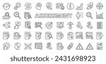 Assessment icons in line design. Assessment, data, analysis, compare, plan, analysis, testing, report, management isolated on white background vector. Assessment editable stroke icons.