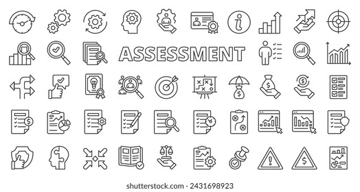 Bewertungssymbole im Linienentwurf. Bewertung, Daten, Analyse, Vergleich, Plan, Analyse, Tests, Bericht, Management isoliert auf weißem Hintergrund Vektor. Bearbeitbare Strichsymbole der Bewertung.