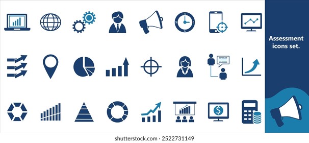 Conjunto de iconos de evaluación. Auditoría, análisis, Plan, evaluación, proceso de calidad, resultado y objetivo. Ilustración vectorial