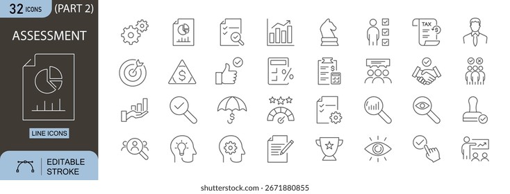 Conjunto de iconos de evaluación. Incluye símbolos de lista de comprobación, evaluación, prueba, examen y revisión de rendimiento. Trazo editable. Iconos de línea. Perfecto para informes de educación, recursos humanos y negocios.