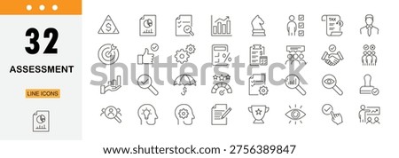 Assessment icons set representing evaluation, testing, review, checklist, analysis, scoring and performance measurement. Editable Stroke