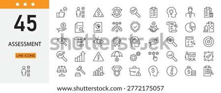 Assessment icons set representing evaluation, testing, review, checklist, performance measurement and analysis. Editable Stroke.