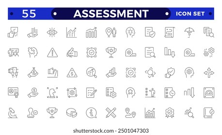 Assessment icons set. Stroke thin line vector illustration with goals, results, process, quality, evaluation, planning, analysis, auditing, financial report, measuring, expertise
