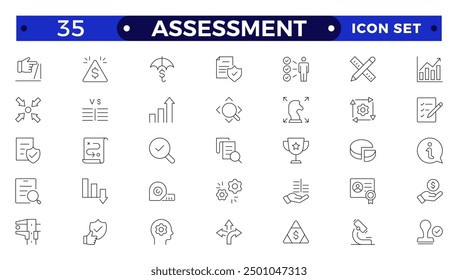 Assessment icons set. Stroke thin line vector illustration with goals, results, process, quality, evaluation, planning, analysis, auditing, financial report, measuring, expertise
