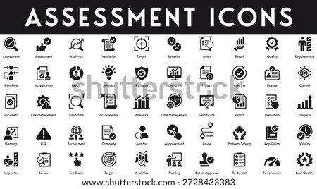 Assessment Icons set vector illustration with collection of target validation analysis report workflow review target solution monitoring planning performance training review approve idea
