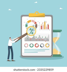 Assessment of investment attractiveness and profitability of project, receiving interest payments on deposit or shares, income or savings growth, man with magnifier near project document and hourglass