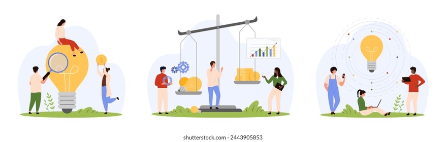 Assessment of investment in creative idea or digital project set. Tiny people research light bulb through magnifying glass, compare lamps and money on balance scale cartoon vector illustration