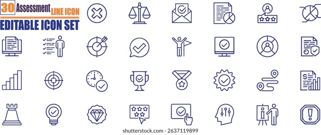 Assessment line icon design set . Audit, analysis, plan, evaluation, quality process, result and goal. Editable stroke, vector illustration, color