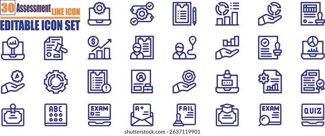 Assessment line icon design set . Audit, analysis, plan, evaluation, quality process, result and goal. Editable stroke, vector illustration, color
