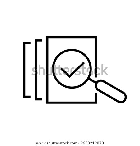 Assessment line icon. Evaluation symbol. Auditing concept. Annual analitics. Scrutiny, search, analisis idea. Magnifier and document with thick sign. Performance review, quality control. Vector 