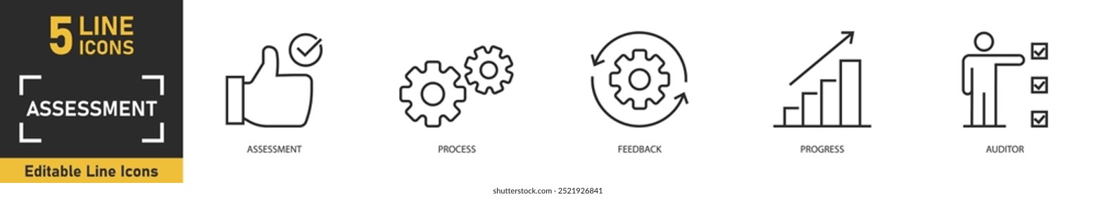 Assessment line icon set. Set of 5 outline icons related to assessment, process, feedback, progress, auditor and more. Vector illustration.