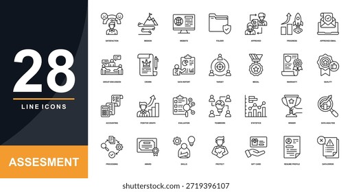Conjunto de iconos de línea de evaluación. Contenido de satisfacción, misión, Sitio web, carpeta, aprobado