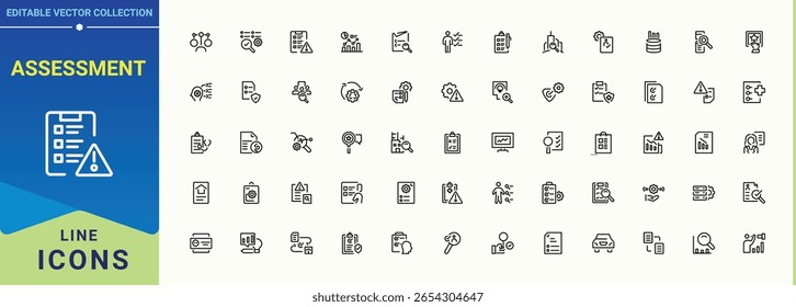 Assessment line icon set. Thin outline icons pack. Related to finance, document, graph, research, audit. Pixel perfect. Vector illustration. Research icon set.