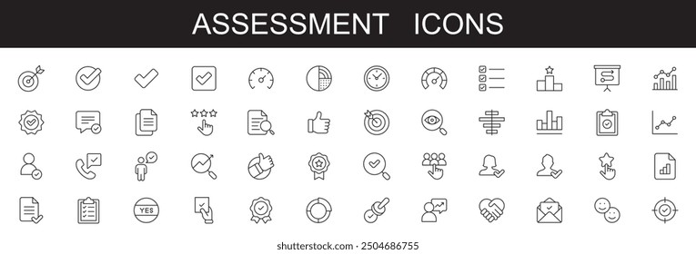 Assessment line icons set . editable stroke . white background . assessment, action plan, strategy, analysis, risk, evaluation, objectives, teamwork, schedule, collaboration, development, improvement