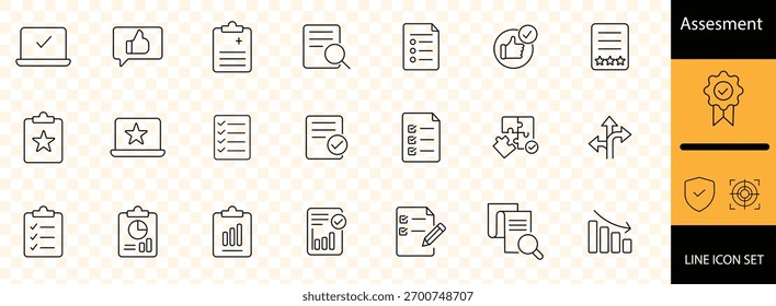 Assessment line icons set with editable stroke, featuring process, report, success, feedback, openness, policy, performance, consultant, strategy, plan, monitoring