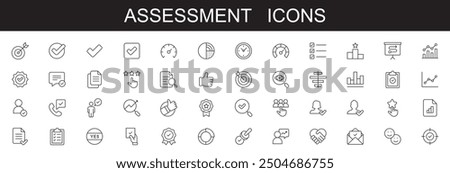 Assessment line icons set . editable stroke . white background . assessment, action plan, strategy, analysis, risk, evaluation, objectives, teamwork, schedule, collaboration, development, improvement