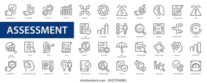 Assessment line icons set. Evaluation, education, analysis, plan, evaluation, quality, process, results icons and more signs. Thin line icon collection.