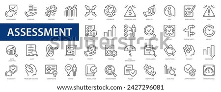 Assessment line icons set. Evaluation, education, analysis, plan, evaluation, quality, process, results icons and more signs. Thin line icon collection.