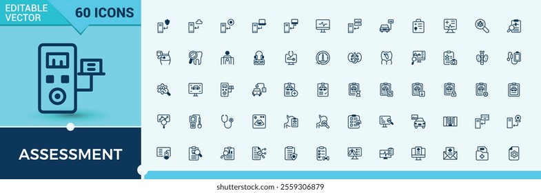 Assessment line icons set. Includes thin line Diagnostic, medicine, cardiogram, pharmacy, insulin, health, blood and more. Outline symbol collection. Vector outline and solid icons collection.