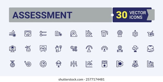 Assessment line icons set. Icons weight, Measurement, calibration weights, ruler, distance, measuring and more. Pixel perfect. Editable vector outline and solid icons.