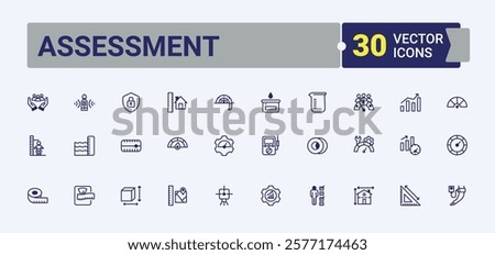 Assessment line icons set. Icons weight, Measurement, calibration weights, ruler, distance, measuring and more. Pixel perfect. Editable vector outline and solid icons.