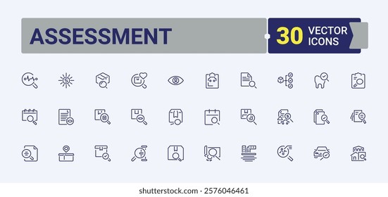 Assessment linear icon collection. Includes icons for audit, approve, checklist, Inspection, evaluation, mark, inspector, labor. Outline symbol collection. Vector icons editable stroke.