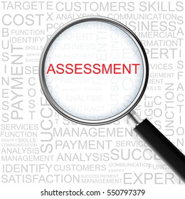 Assessment. Magnifying glass over seamless background with different association terms. Business Concept.
