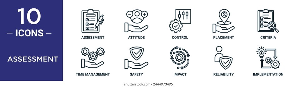 el conjunto de iconos de esquema de evaluación incluye la evaluación de línea fina, actitud, control, ubicación, criterios, gestión del tiempo, iconos de seguridad para el informe, presentación, diagrama, Diseño web