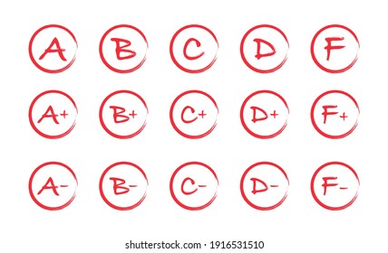 Assessment results. Hand drawn school or college exam results. Class grades with circles, pluses and minuses. Vector illustration.