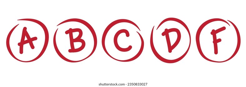 Assessment results. Hand drawn school or college exam results. Class grades with circles red on white background. Grade A, B, C, D result vector icon template. Education red mark handwriting in circle