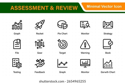 Assessment and review icon pack. Includes rating stars, surveys, feedback forms, and assessment tools.