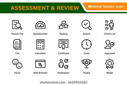 Assessment and review icon pack. Includes rating stars, surveys, feedback forms, and assessment tools.