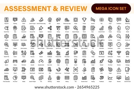 Assessment and review icon pack. Includes rating stars, surveys, feedback forms, and assessment tools.
