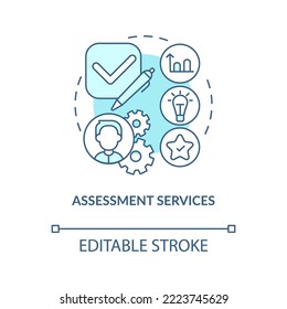 Assessment services turquoise concept icon. Supplementary education provider abstract idea thin line illustration. Isolated outline drawing. Editable stroke. Arial, Myriad Pro-Bold fonts used