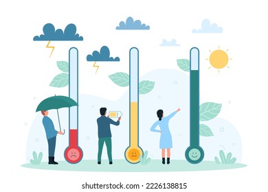 Assessment Of Stress Levels With Thermometer Vector Illustration. Cartoon Tiny People Rating Mood On Red, Yellow And Green Color, Umbrella And Battery To Control Feelings, Gauge Burnout And Anxiety