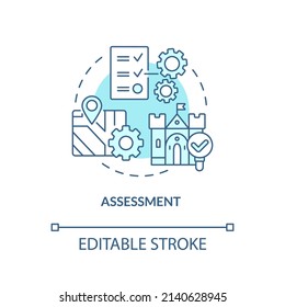 Assessment turquoise concept icon. Evaluating property. Heritage conservation process abstract idea thin line illustration. Isolated outline drawing. Editable stroke. Arial, Myriad Pro-Bold fonts used