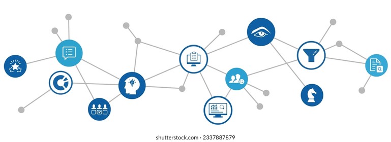 Assessment vector illustration. Blue concept with icons related to hr evaluation process, performance review  feedback, client or employee questionnaire, quality management, knowledge testing.