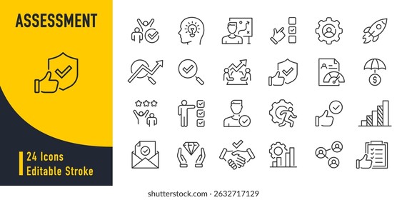 Icono de Web de evaluación en estilo de línea. Calculadora, marca de verificación, auditoría, inspección, inversión, cálculo, análisis, colección. Ilustración vectorial.