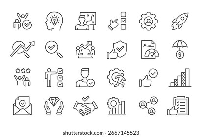 Bewertungs-Websymbol im Linienstil. Rechner, Prüfzeichen, Prüfung, Prüfung, Investition, Berechnung, Analyse, Sammlung. Vektorgrafik.
