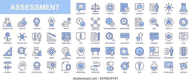 Iconos web de evaluación establecidos en el diseño de trazo de contorno de duotono. Empaquetar pictogramas con comparación, proceso, informe, Comentarios, auditor, impacto, estrategia, riesgo financiero, solución, éxito. Ilustración vectorial.