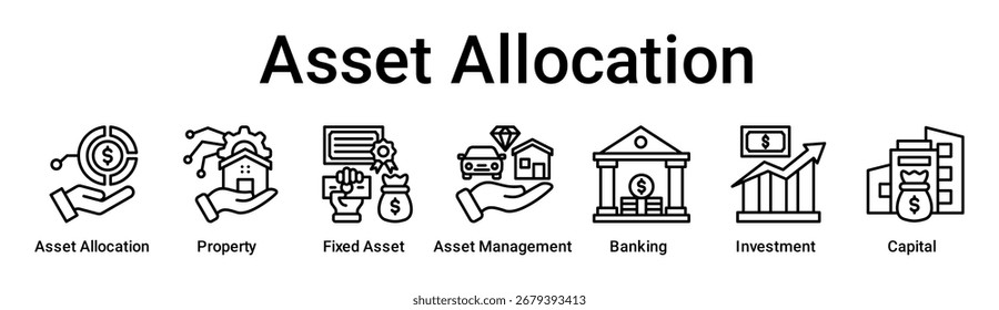 Alocação de ativos ícone da web vetor ilustração conceito para negócios com ícone de Alocação de ativos, Propriedade, Ativo Fixo, Gerenciamento de ativos, Bancário, Investimento.