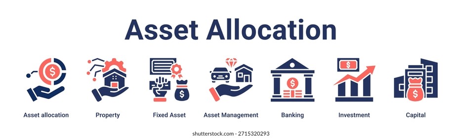 Asset Allocation Banner Web-Symbol Vektorgrafik-Konzept für Unternehmen mit Symbol für Asset Allocation, Immobilien, Anlagevermögen, Asset Management, Banken, Investitionen.