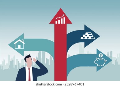 Asset allocation. Businessman considering how to invest.