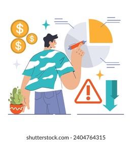 Asset Allocation concept. A focused professional marks sections on a pie chart, strategizing investment divisions with market downturn alert. Strategic financial planning visualized. Flat vector