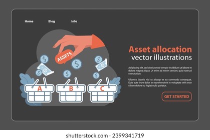 Asset allocation concept. Hand distributing financial assets across labeled baskets for diverse investment strategy. Portfolio management and diversification. Flat vector illustration