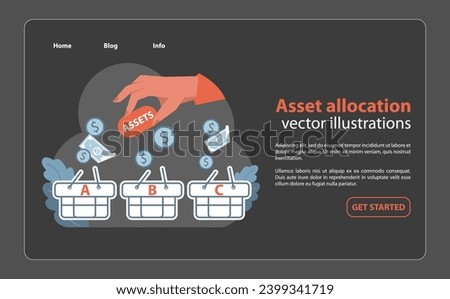 Asset allocation concept. Hand distributing financial assets across labeled baskets for diverse investment strategy. Portfolio management and diversification. Flat vector illustration