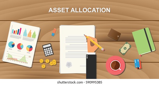 Asset Allocation Concept Illustration With Business Man Working On Paper Document With Graph Chart And Money On Top Of Wooden Table And Signing A Paper