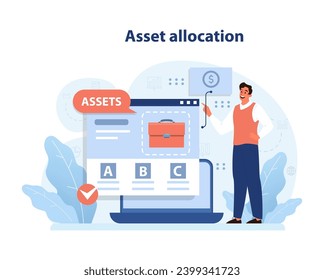 Concepto de asignación de activos. Man presenta una distribución diversificada de carteras en pantalla, optimizando la gestión de la riqueza. Planificación estratégica, equilibrio financiero. Ilustración vectorial plana.