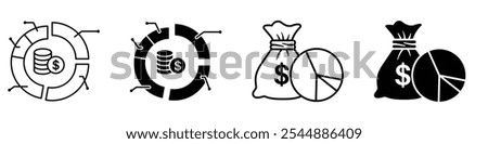 Asset allocation icon collection in black and white filled and solid vector style.